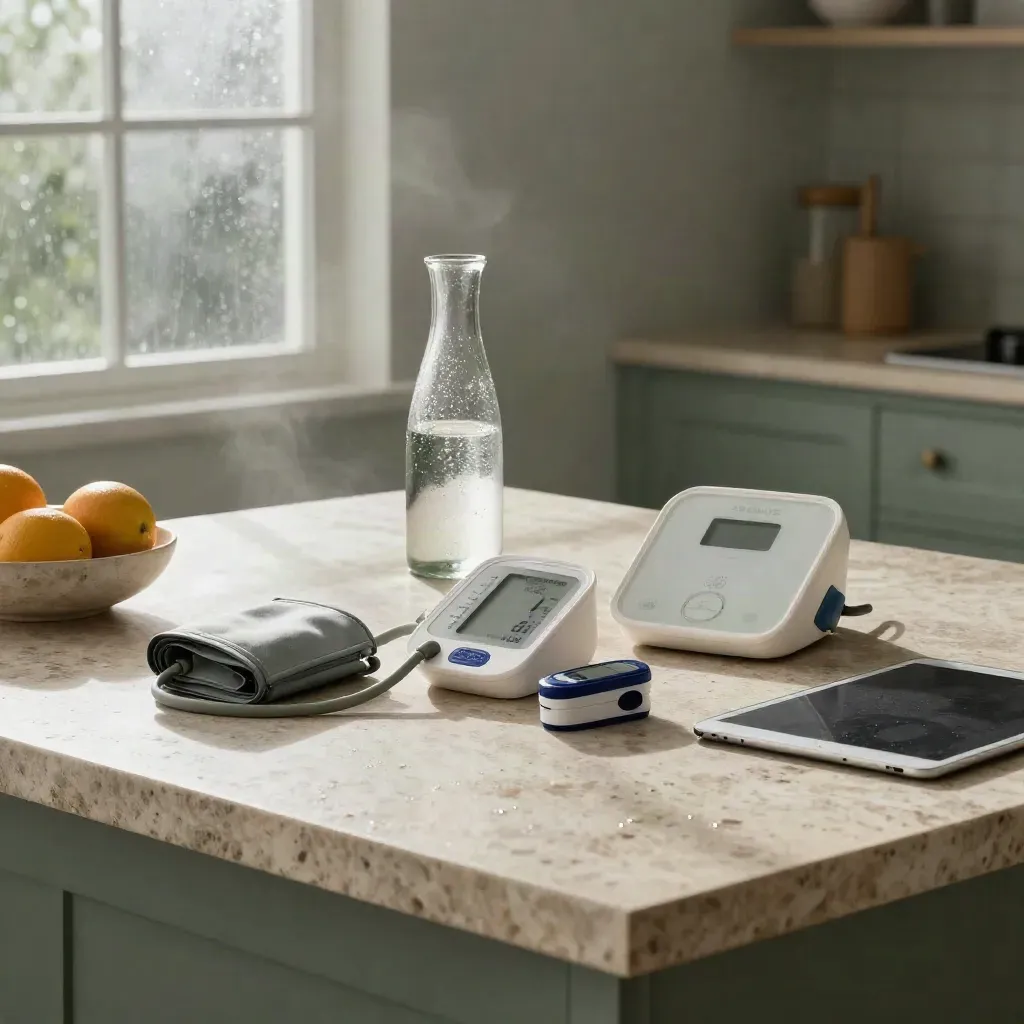 Angolo domestico di prevenzione con misuratore di pressione, saturimetro, bilancia smart e caraffa.