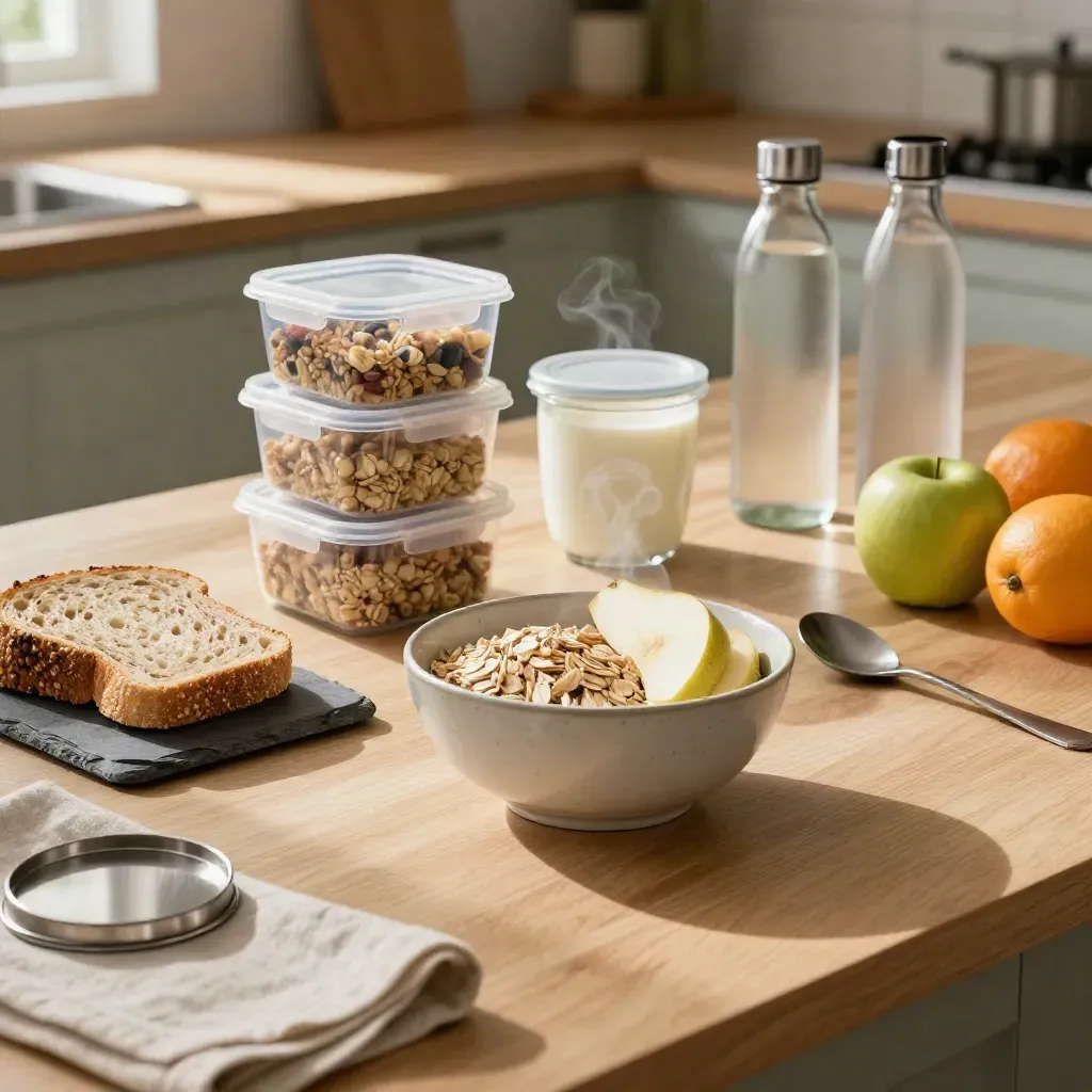 Cucina ordinata con contenitori pasto, pane integrale, frutta e bottiglie d’acqua