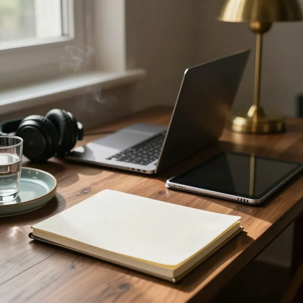 Postazione di telemedicina pronta su tavolo in legno, con laptop chiuso, cuffie, tablet spento e taccuino.
