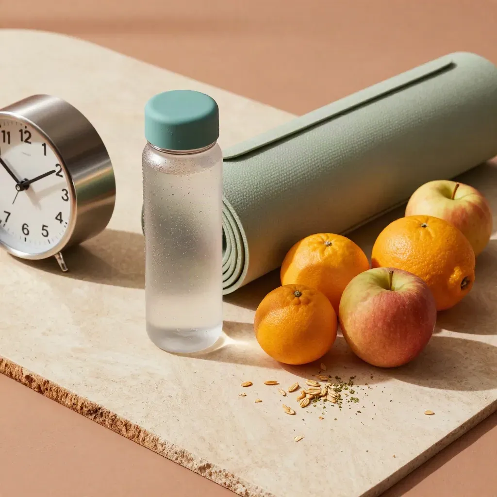Orologio, borraccia, tappetino arrotolato e frutta su piano terracotta con luce morbida.