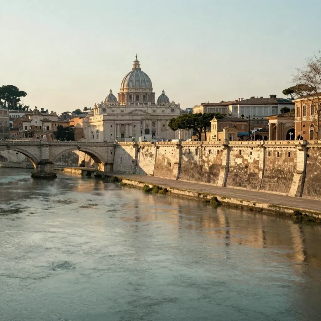 Roma al tramonto con cupole e archi in travertino lungo il Tevere, atmosfera dorata