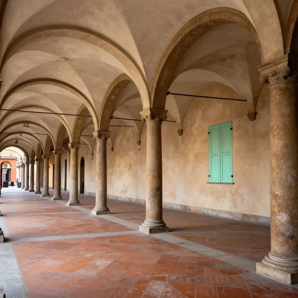 Portici di Bologna in prospettiva calda, pavimento in cotto e luce dorata
