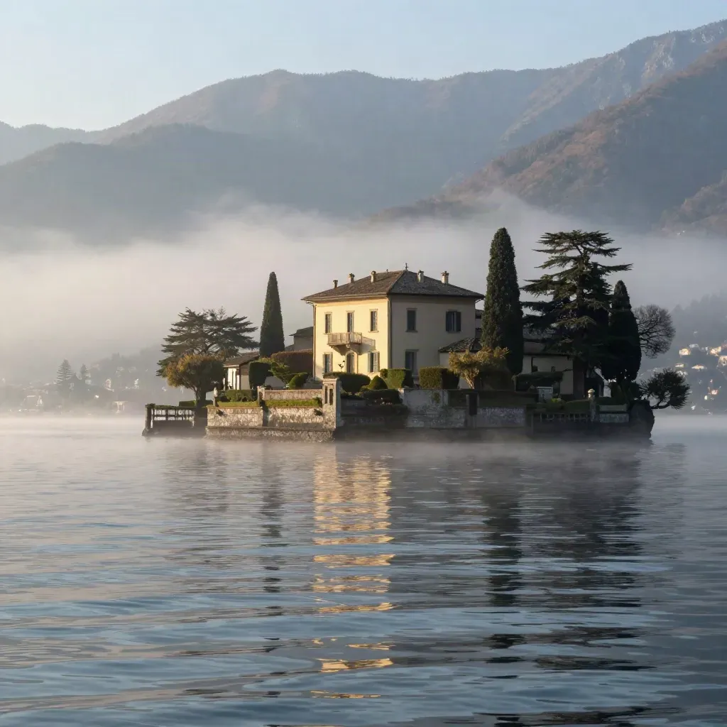 Lago di Como all’alba con villa sul promontorio e montagne velate nella nebbia