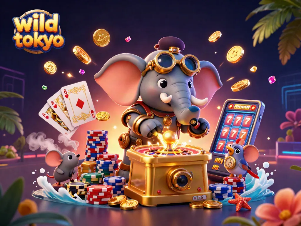 Experience wild tokyo where a steampunk elephant spins the slot machine amidst gleaming casino elements.