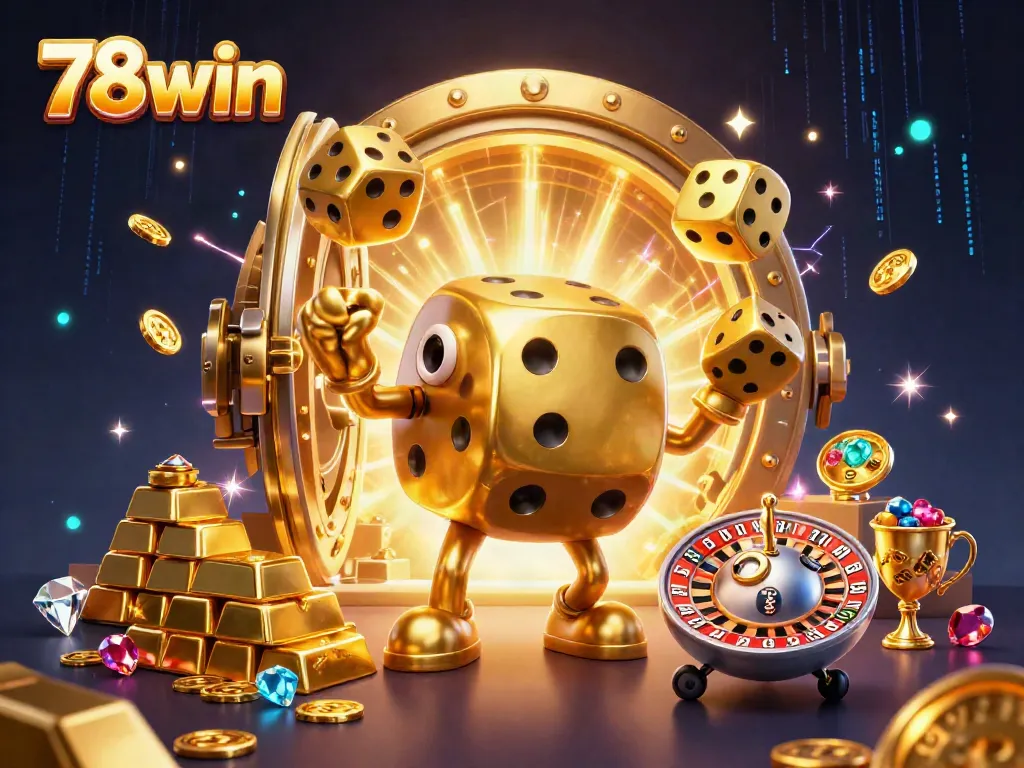 Spin to win with 78win's mesmerizing golden dice and treasure-filled casino scene.