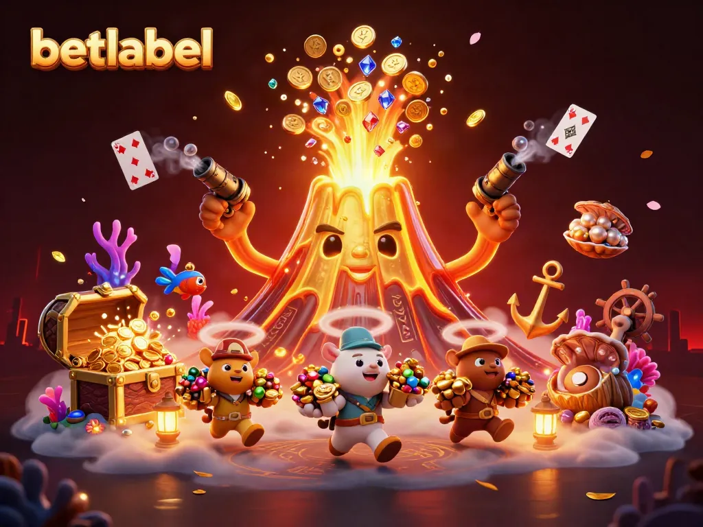 Betlabel delivers thrilling action as a golden volcano erupts treasures and excitement in a captivating casino scene.